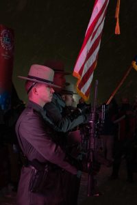 Members of the New York State Troop B Color Guard present colors during the National Anthem at the Empire State Winter Games in Lake Placid, NY on Thursday, February 3, 2022. (Photo by Hailey Trejo)